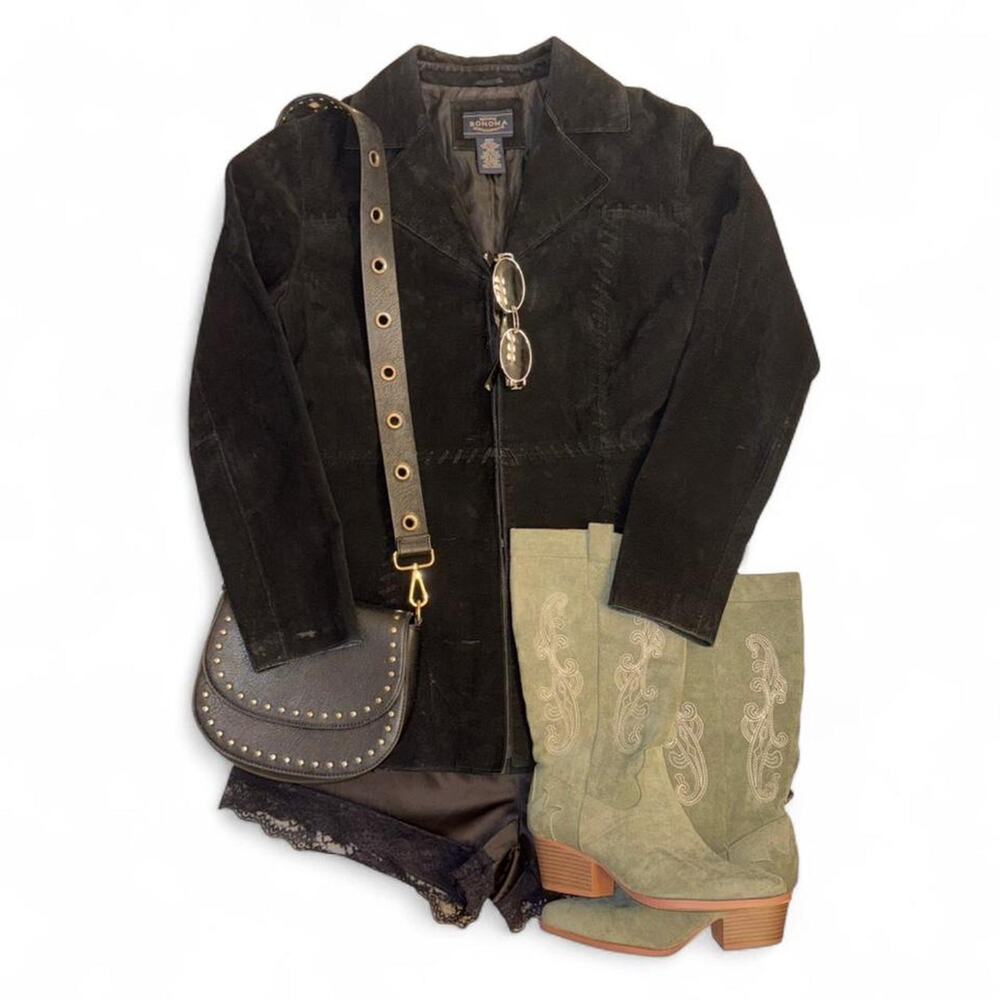 Vintage Vtg 90s western cowgirl boho genuine black suede leather jacket